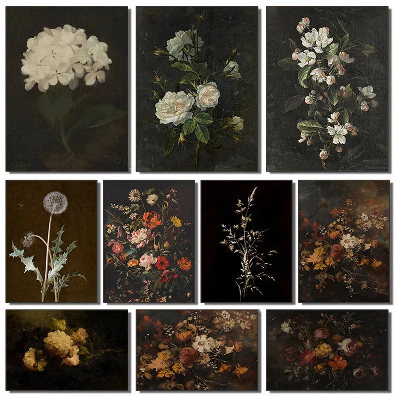 impression vintage de pissenlit hortensia rose et pivoine florale