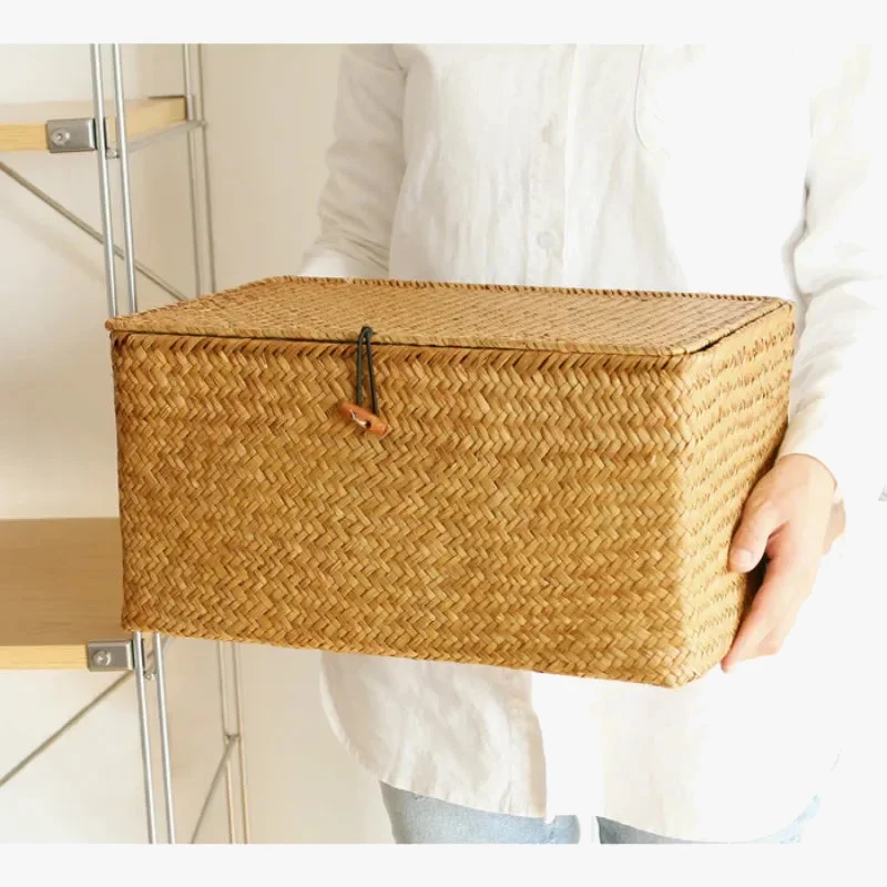panier de rangement tissé en jonc de mer avec couvercle