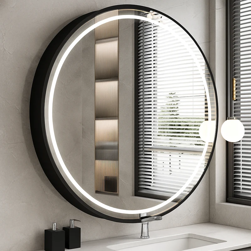 miroir rond lumineux antibuée intensité variable cadre aluminium verre HD