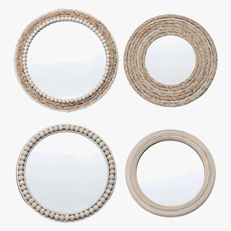 miroir rond en corde de paille avec perles en bois décoratif