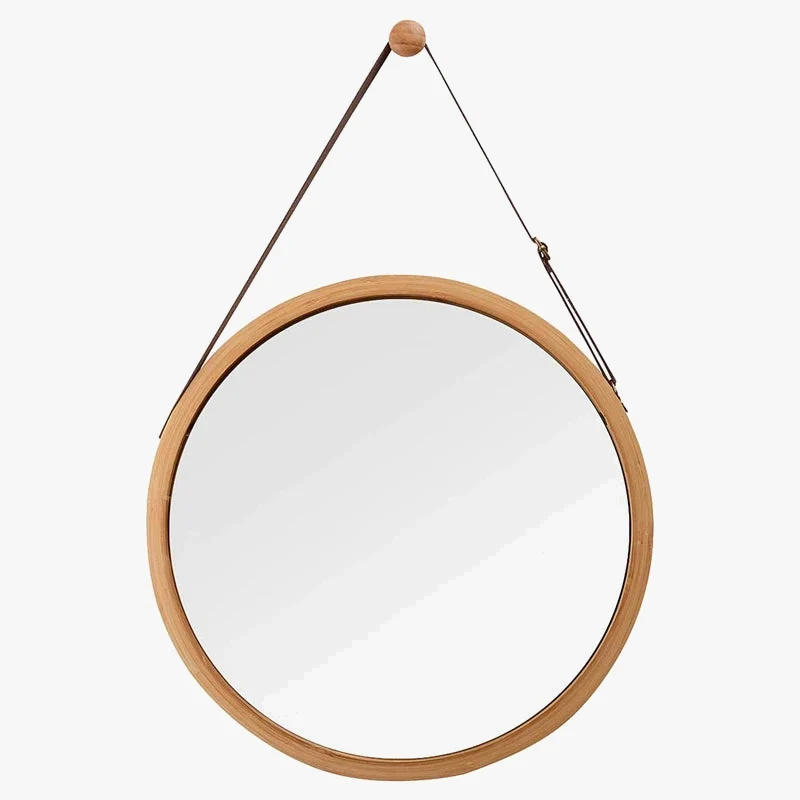 miroir rond suspendu en bambou avec sangle en cuir réglable
