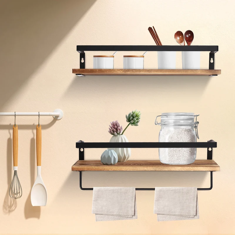 étagère murale en bois avec barre porte-serviettes à deux niveaux