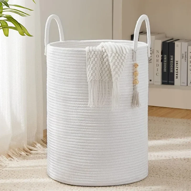 grand panier de rangement tissé avec poignées en coton pliable