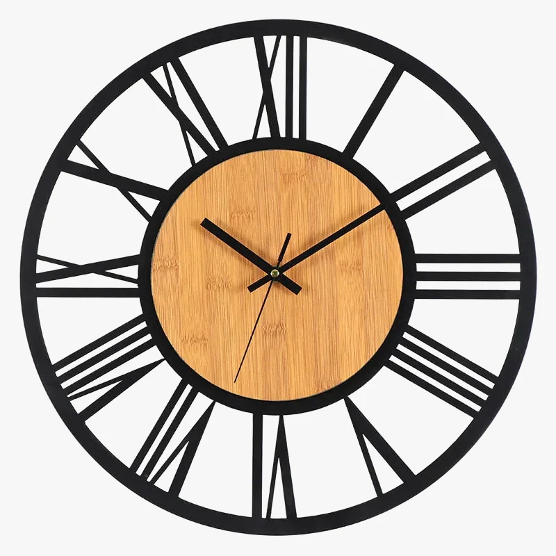 horloge murale 3D rétro avec chiffres romains en bois et métal