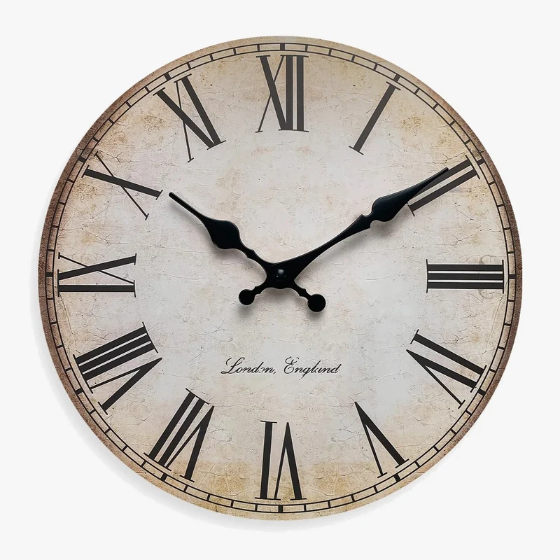 horloge murale en bois rétro avec chiffres romains décorative et silencieuse
