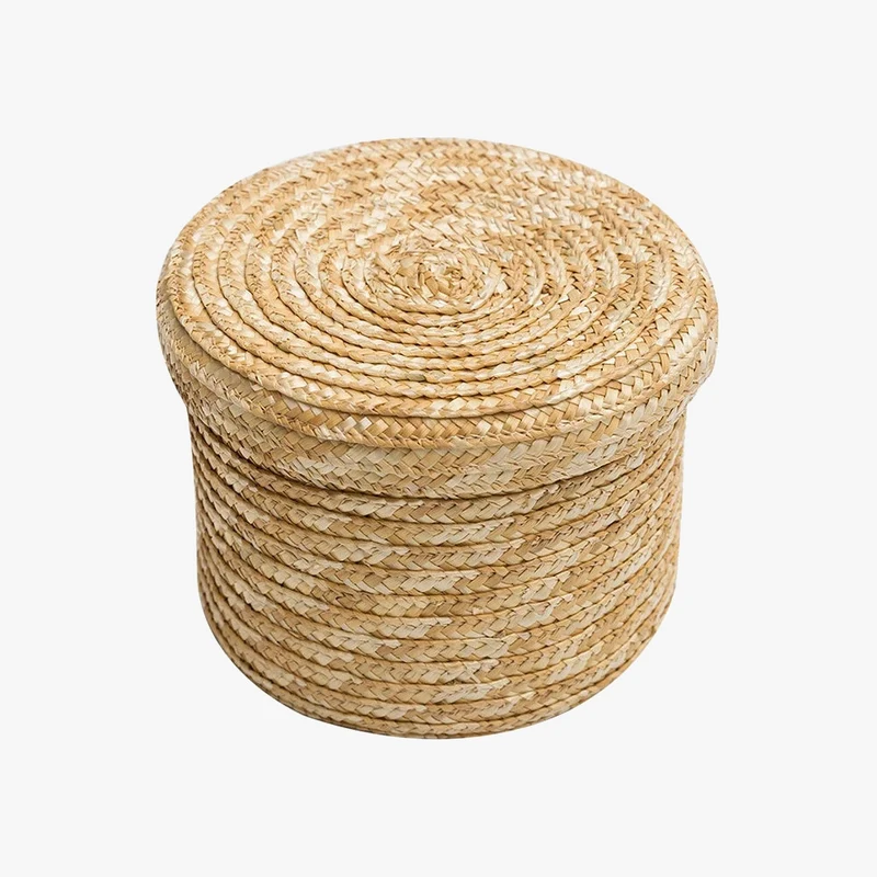 panier de rangement tissé en paille avec couvercle et organisateur