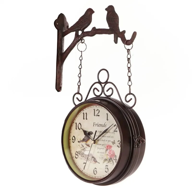 horloge murale ronde double face oiseaux et rose