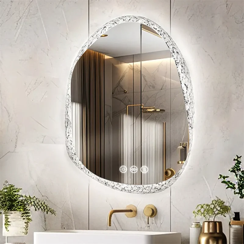 miroir à led irrégulier avec cadre en verre rétroéclairé réglage 3 couleurs