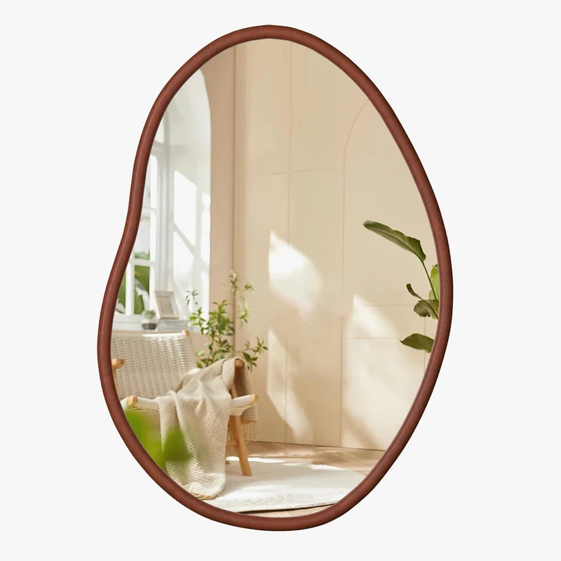 grand miroir mural asymétrique avec cadre en bois naturel