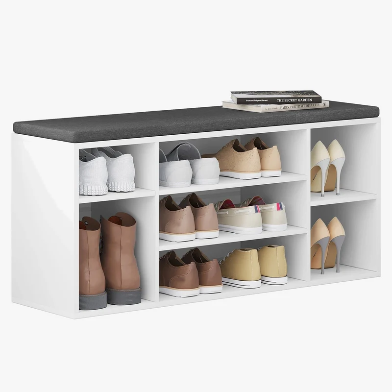 banc de rangement à chaussures avec coussin et compartiments pratiques