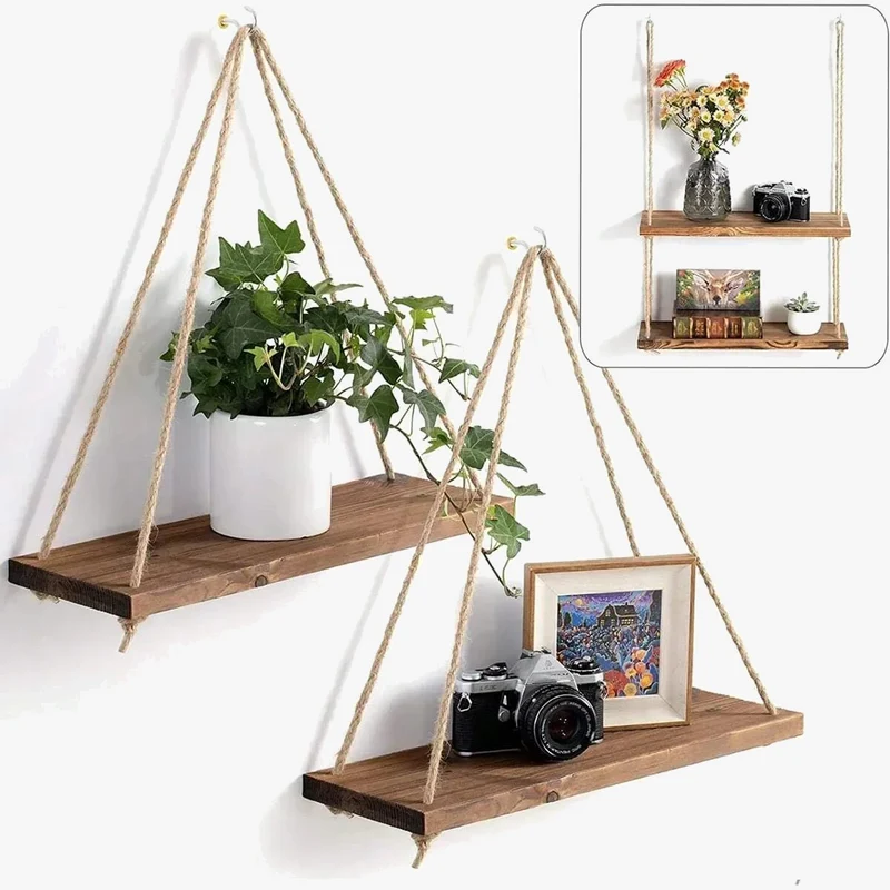 balançoire en bois suspendue étagère murale flottante pour plantes décoratives